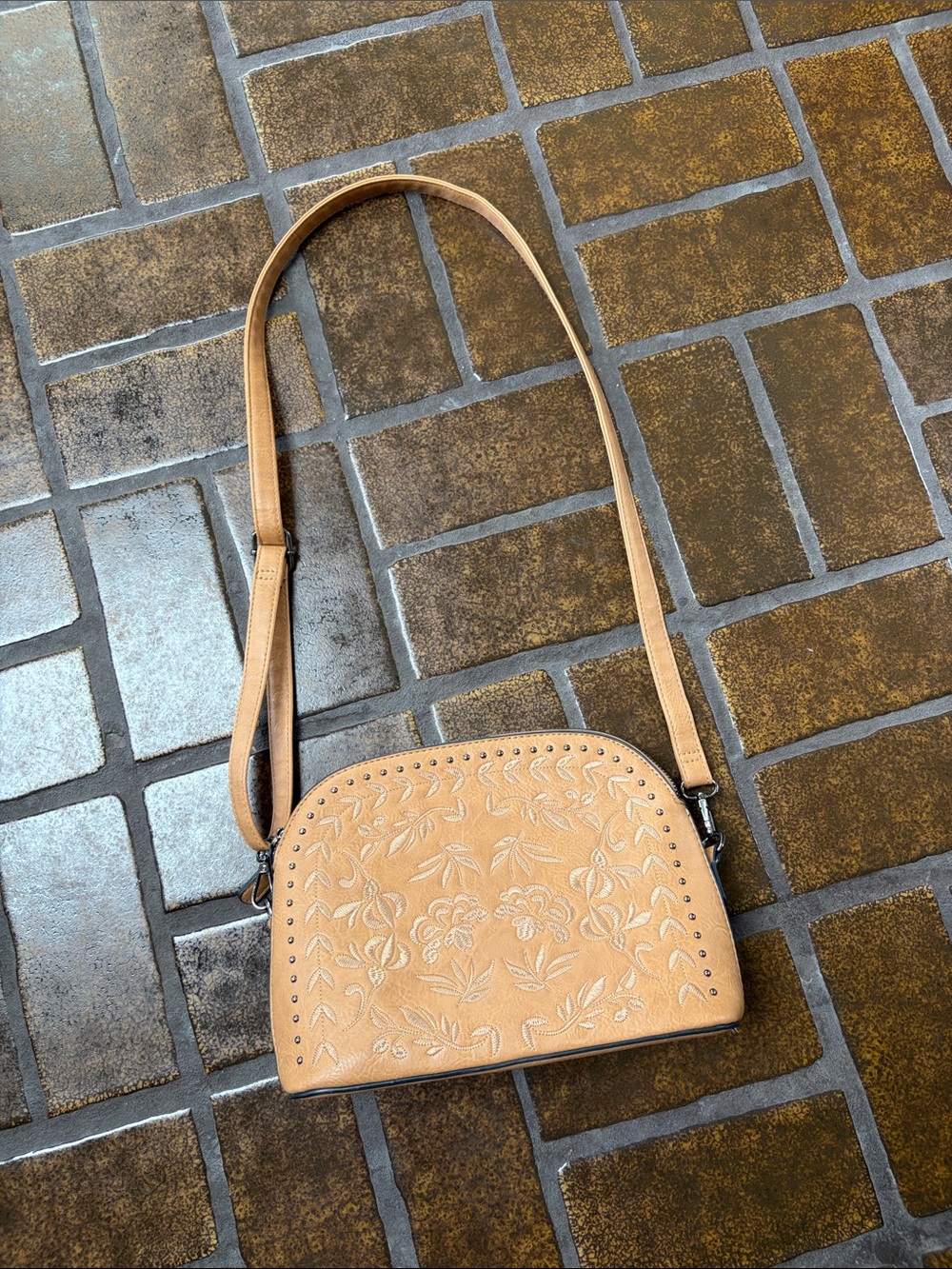 Sam & Hadley Tan Floral Embroidered Studded Crossbody Bag